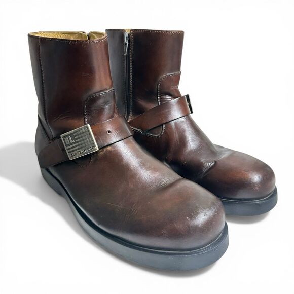 Polo Ralph Lauren Men\'s 9.5D Brown Leather Biker Boots Metal Logo Buckle Strap main image 9
